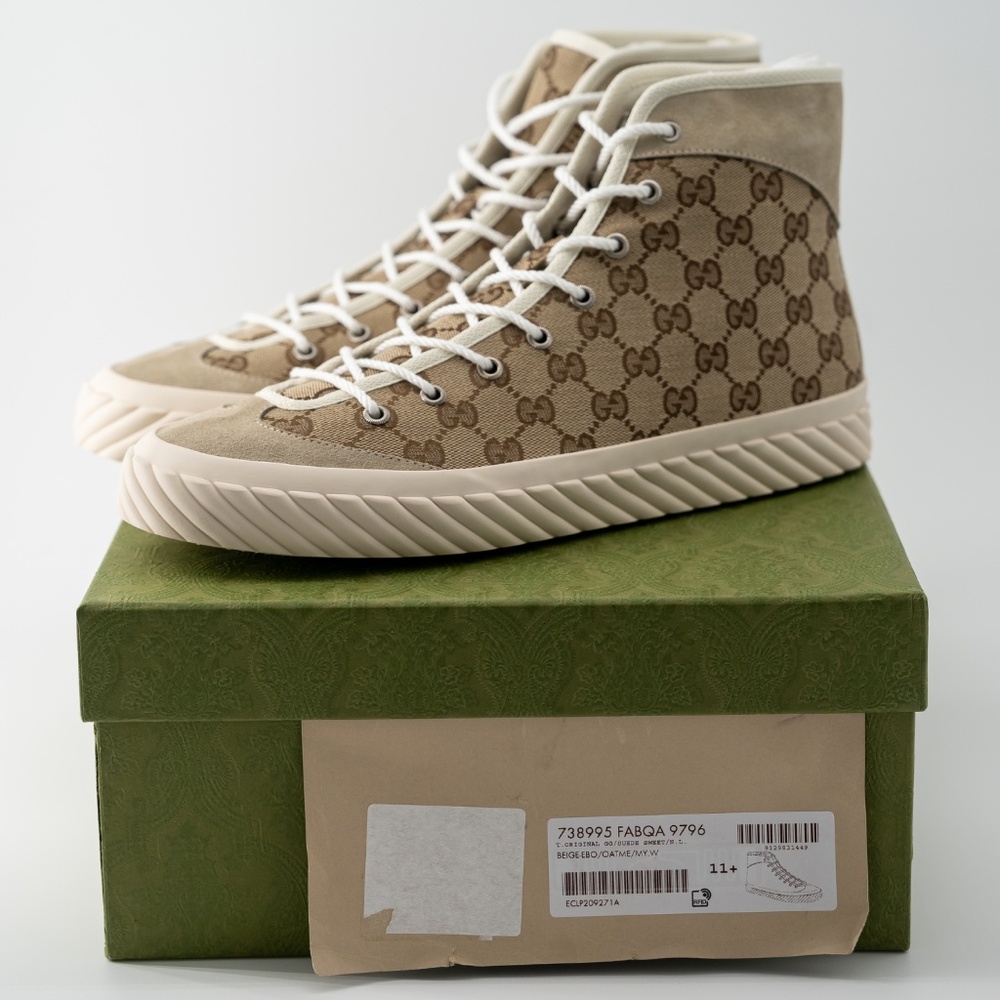 size 11.5G - Gucci GG Canvas Monogram Sneakers Tortuga Beige High Top - Picture 9 of 10
